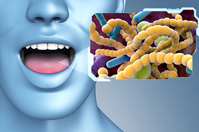 The image is a digital composite with a human face on the left side and an inset graphic of bacterial cells on the right, accompanied by text.