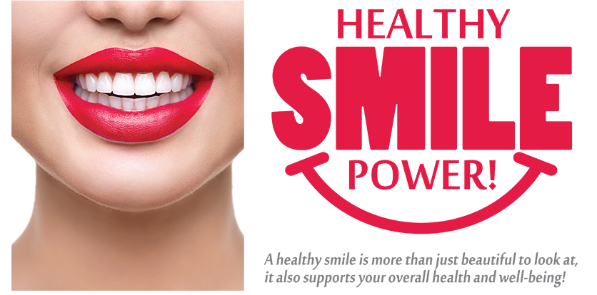 The image features a close-up of a person s face with red lipstick, overlaid with text that reads  HEALTHY SMILE POWER  and includes a logo for the same.